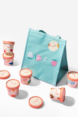 
                  
                    Load image into Gallery viewer, 12 Ice Cream minicups with pretty cooler bag, mint colored with cute strawberries and Sogurt tag 
                  
                